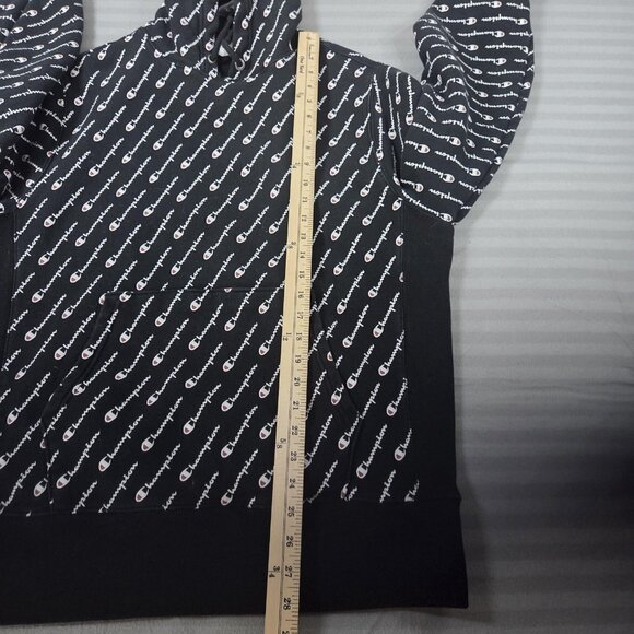 Champion Hoodie Mens Large Black Reverse Weave All Over Logo Script Pullover - Picture 9 of 10
